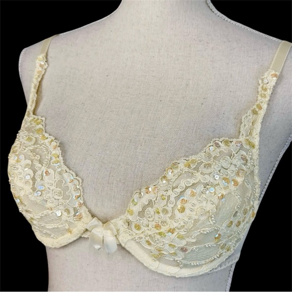 Vintage Victoria’s Secret Ivory Sequin Bra 34B Fairycore Coquette Renaissance - Picture 1 of 6